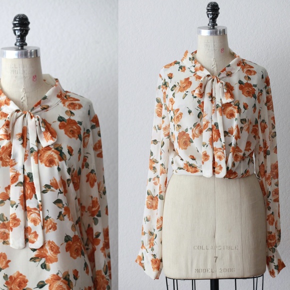 Chiffon yellow rose bow tie blouse - M - Picture 8 of 8